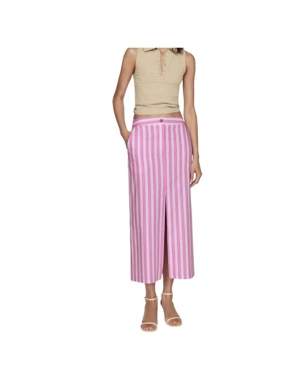 Mango Pink and White Striped Midi Skirt with Front Slit